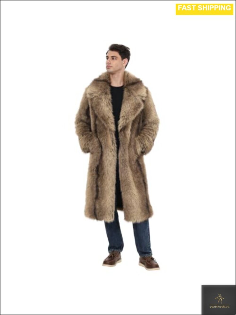 Men's Faux Fur Long Coat Lapel Jacket Overcoat Outerwear